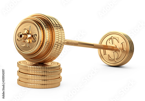 Barbell on a piles coins. Big business concept. Earnings in sports competitions.