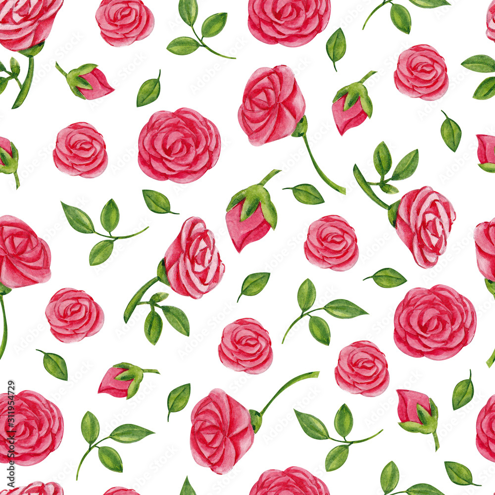 Seamless pattern with watercolor hand draw rose and leaves, for Valentines day, isolated on white background