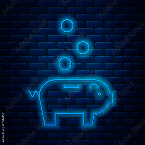 Glowing neon line Piggy bank with icon isolated on brick wall background. Icon saving or accumulation of money, investment. Vector Illustration
