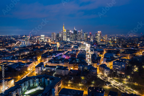 Frankfurt am Main Night in December during winter time aerial view. 26.12.2019 Frankfurt am Main Germany.