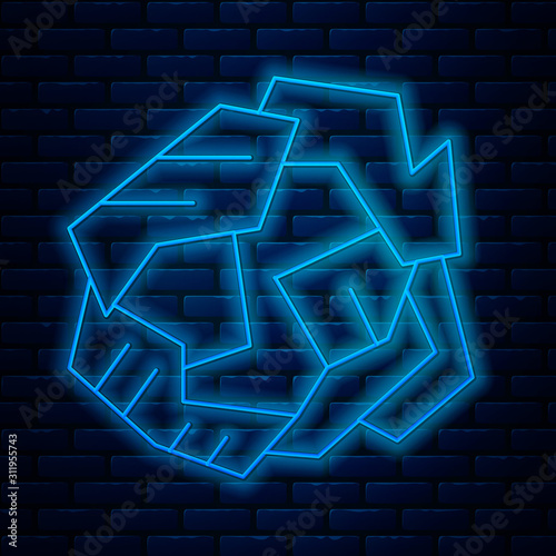 Glowing neon line Crumpled paper ball icon isolated on brick wall background. Vector Illustration