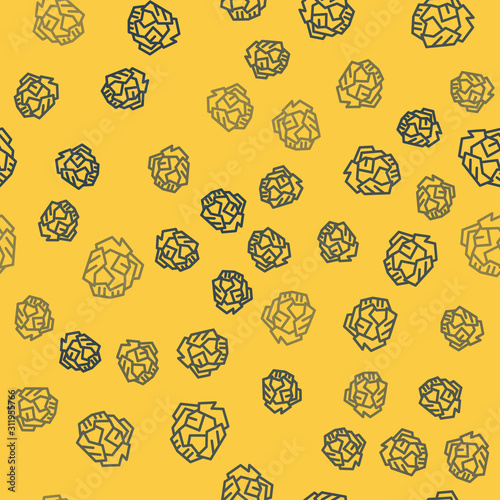 Blue line Crumpled paper ball icon isolated seamless pattern on yellow background. Vector Illustration