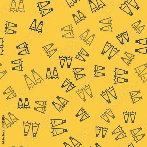 Blue line Rubber flippers for swimming icon isolated seamless pattern on yellow background. Diving equipment. Extreme sport. Diving underwater equipment. Vector Illustration