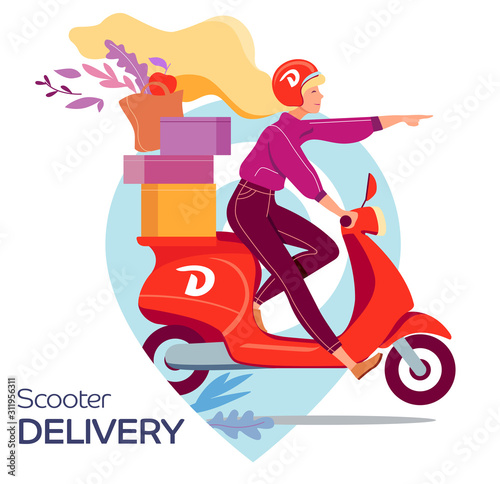 Fast scooter delivery. Young woman on a scooter delivers to order. Flat vector illustration