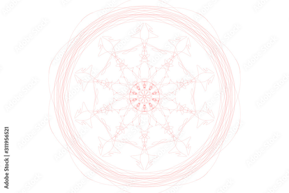 Symmetrical round pattern, red ornament with lines on a white background Symmetrical round pattern, red ornament with lines on a white background