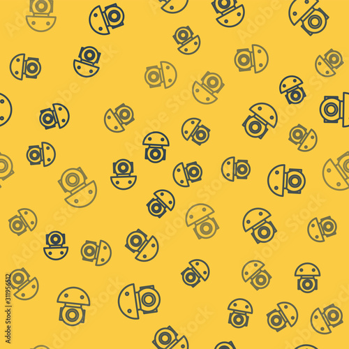 Blue line Aqualung icon isolated seamless pattern on yellow background. Diving helmet. Diving underwater equipment. Vector Illustration