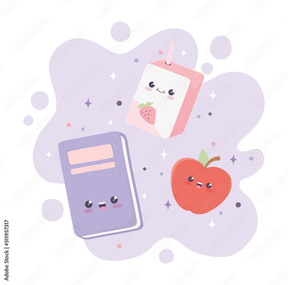 kawaii school book apple and box juice cartoon kawaii school book apple and box juice cartoon