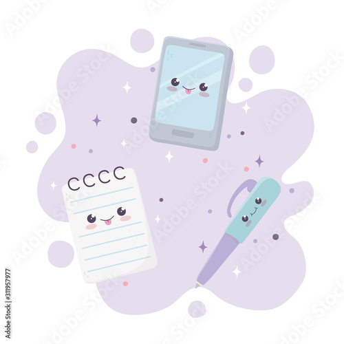 kawaii smartphone notepad and pen office cartoon