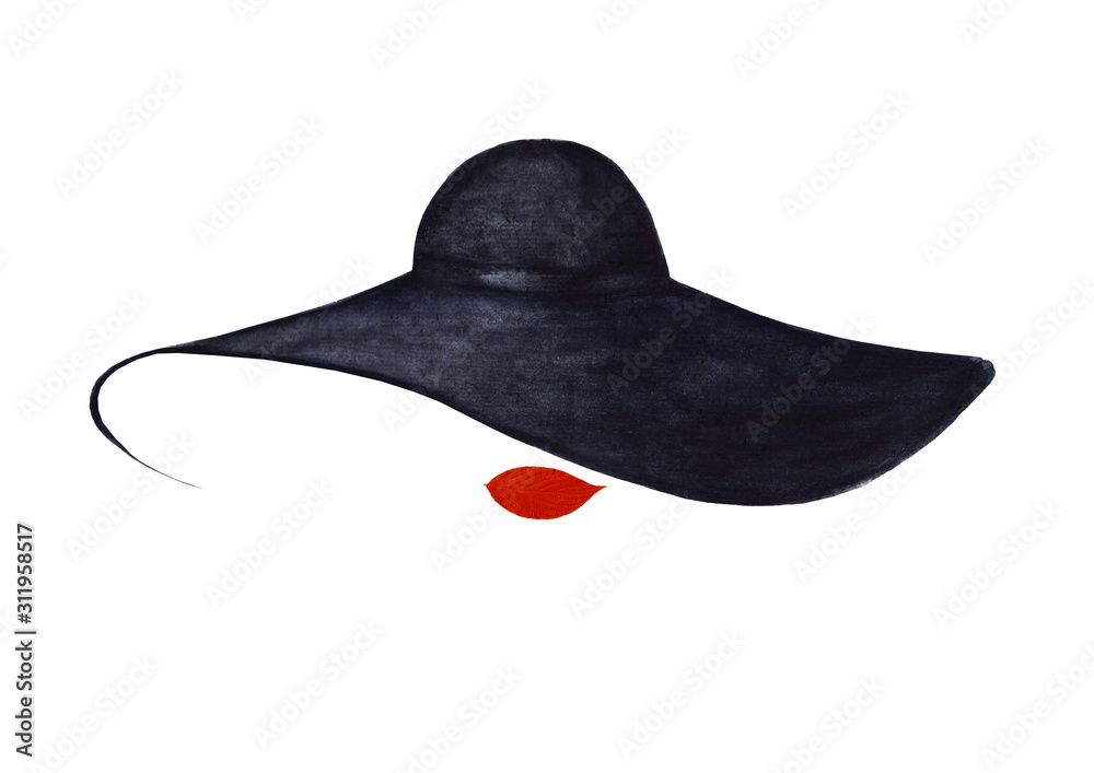 Beautiful woman with red lips and elegant black hat isolated on white ...