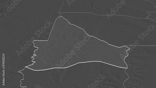 Kouffo, department with its capital, zoomed and extruded on the bilevel map of Benin in the conformal Stereographic projection. Animation 3D photo