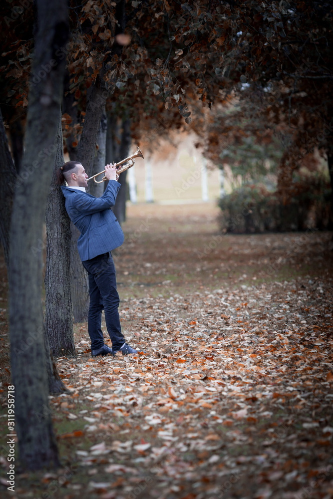 Fototapeta premium slender attractive male musician in blue jacket stands in autumn park alley of fall trees of brown and yellow colours and plays golden old trumpet