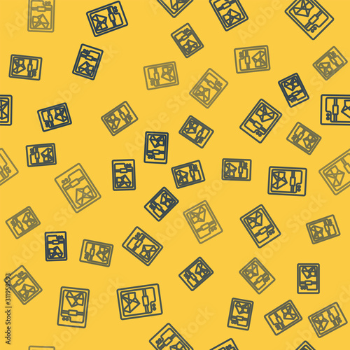 Blue line 3D printer icon isolated seamless pattern on yellow background. Vector Illustration
