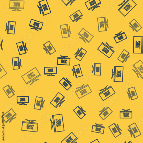 Blue line Computer PC monitor display with 5k video technology icon isolated seamless pattern on yellow background. Vector Illustration