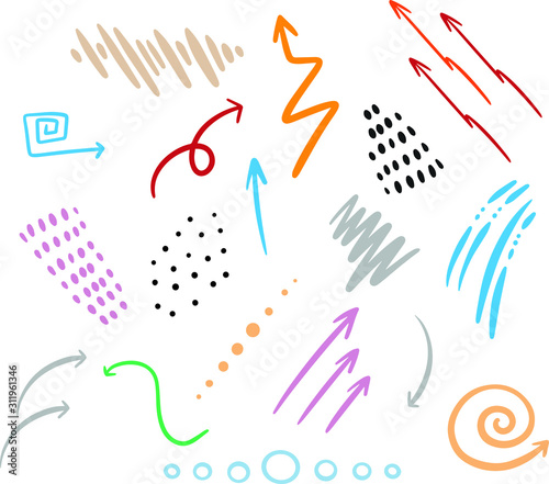 Set of elements for your design and scrapbook in vector. Colorful hand drawn lines and arrows.