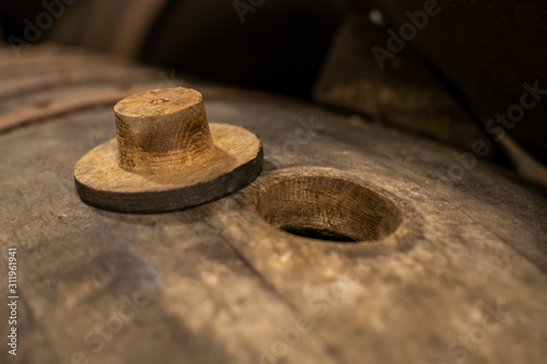 Canvas Print Production of fortified jerez, xeres, sherry wines in old oak barrels in sherry