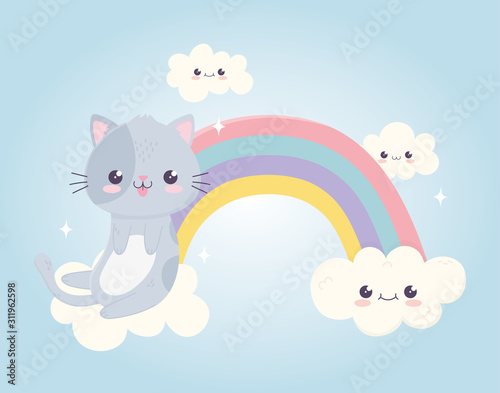 kawaii cartoon cute cat with tongue out in rainbow clouds
