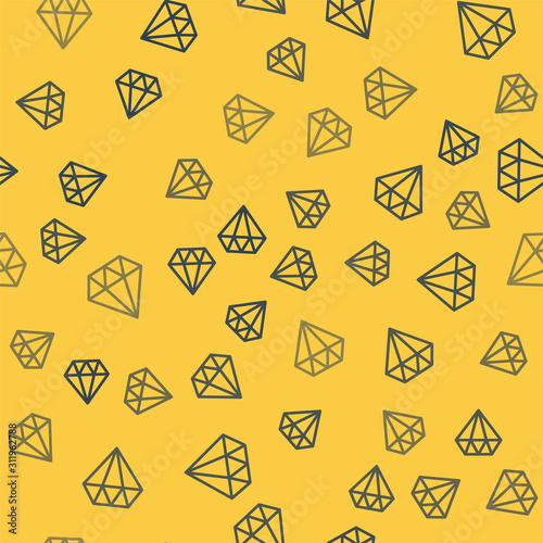 Blue line Diamond icon isolated seamless pattern on yellow background. Jewelry symbol. Gem stone. Vector Illustration