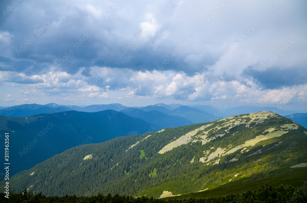 Carpathians mountain landscape in cloudy day, Gorgany, Ukraine