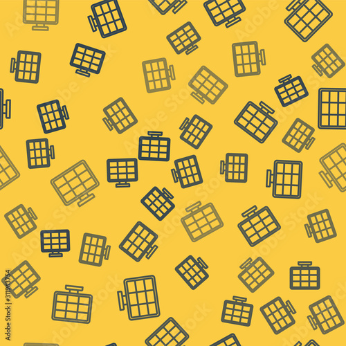 Blue line Solar energy panel icon isolated seamless pattern on yellow background. Vector Illustration