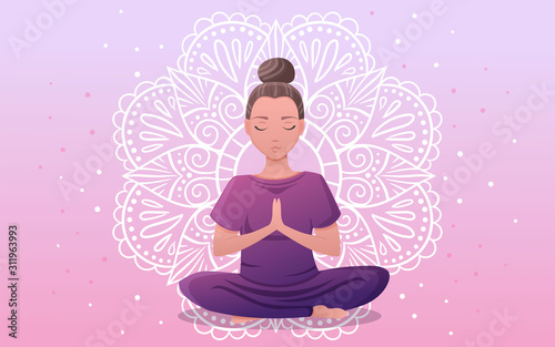 Young and happy cartoon woman meditating in yoga lotus pose on background with hand drawn mandala. Web banner for webpage, advertising or background. Practicing yoga. Vector flat illustration.