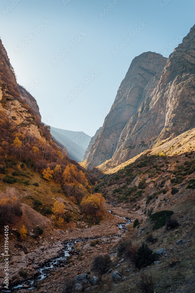 Large Chegem river canyon in sunny golden autumn, Republic of Kabardino-Balkaria