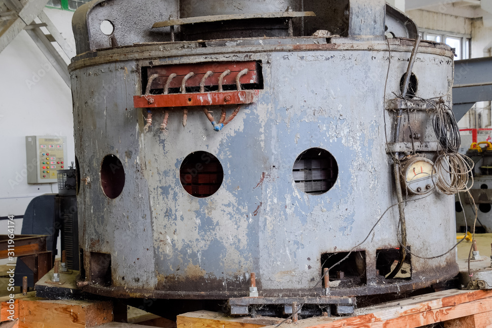 Engines of water pumps at a water pumping station. Pumping irrig Engines of water pumps at a water pumping station. Pumping irrig