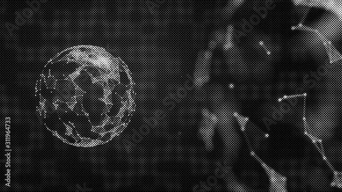 Abstractly rendered Earth and Moon in plexus knods on a gridded background, photo