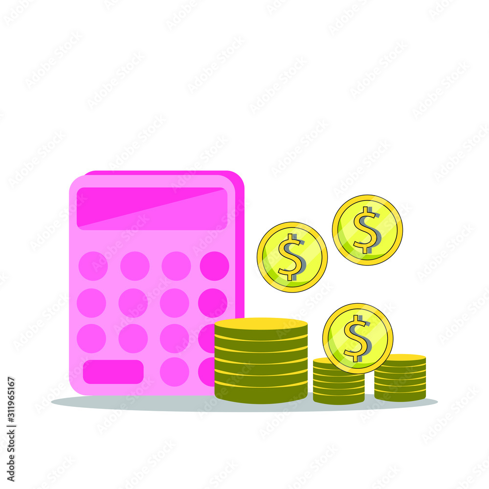 pink calculator and dollar coin.Finance symbols and icons,Money saving concept.vector cartoon flat. pink calculator and dollar coin.Finance symbols and icons,Money saving concept.vector cartoon flat.
