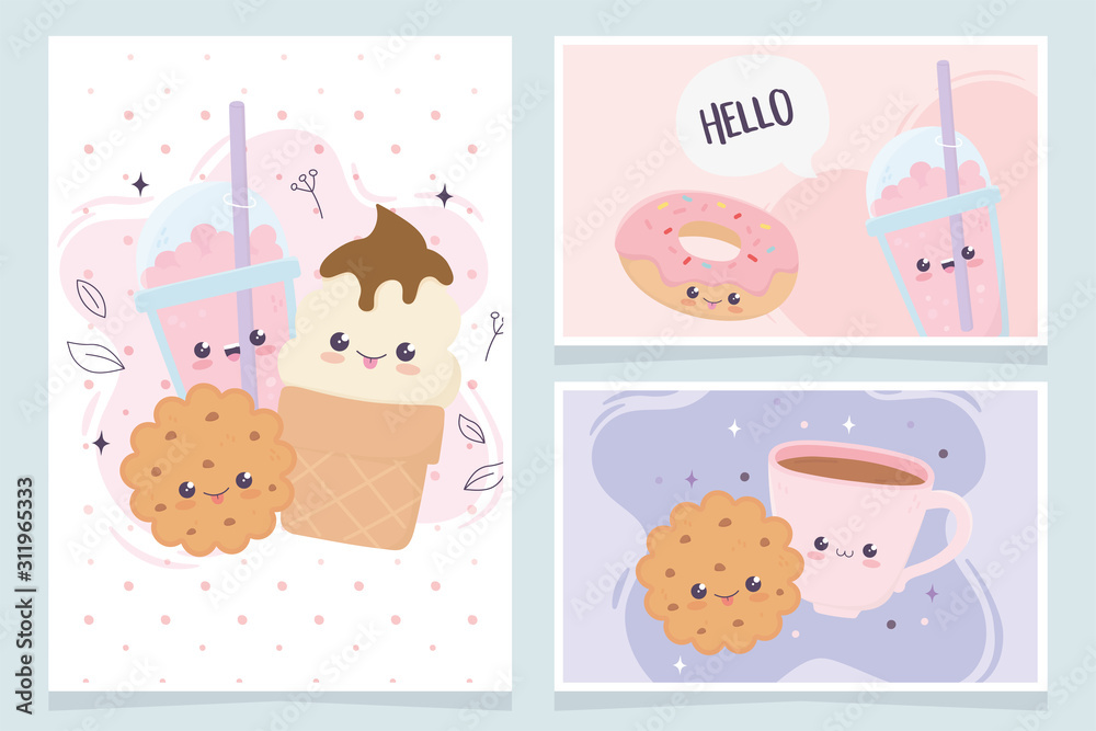 Fototapeta premium kawaii cookie donut coffee cup fast food cartoon cards