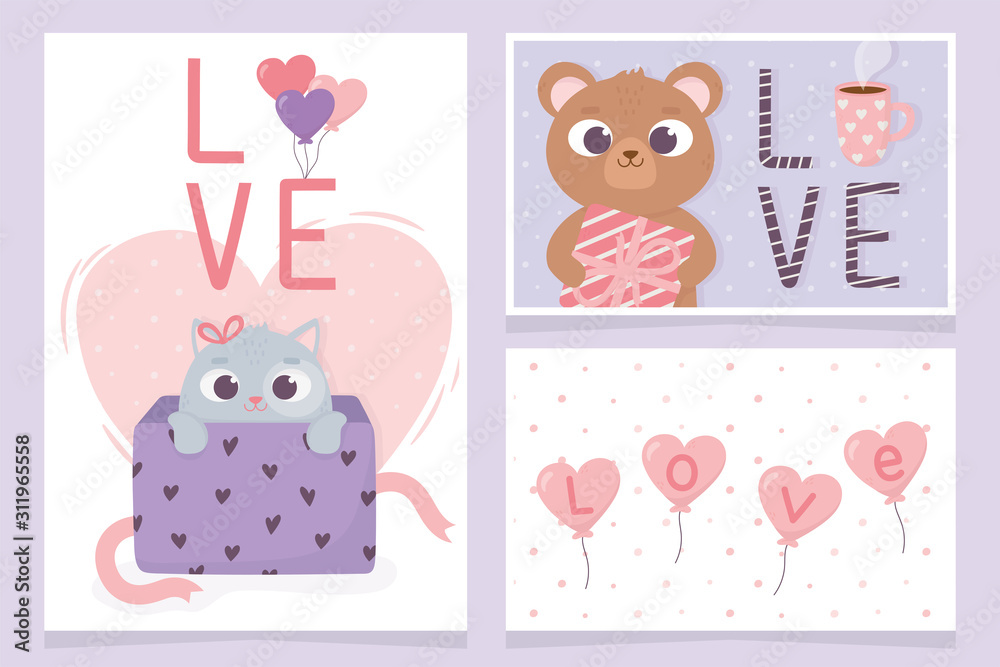 happy valentines day invitation cards bear and cat gift box love hearts decoration