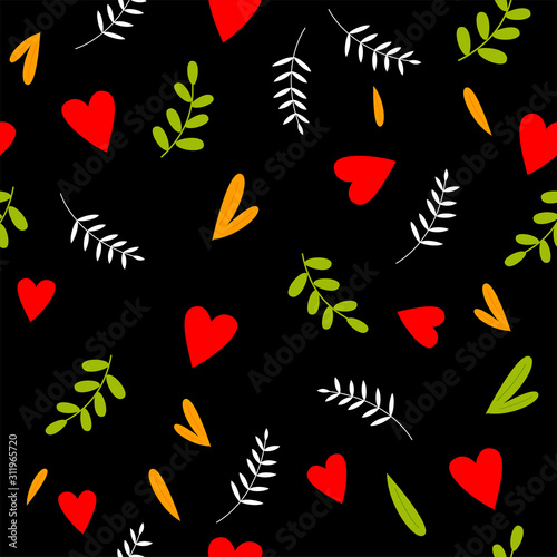 Seamless romantic spring vibe pattern with hearts and leaves on black background
