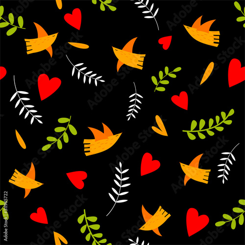 Seamless romantic pattern with hearts, leaves and birds on black background