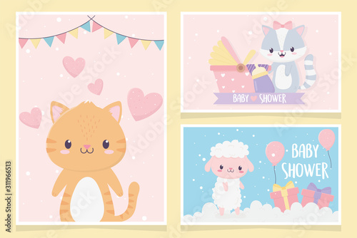 baby shower cute little animals love hearts pram gifts clouds card set