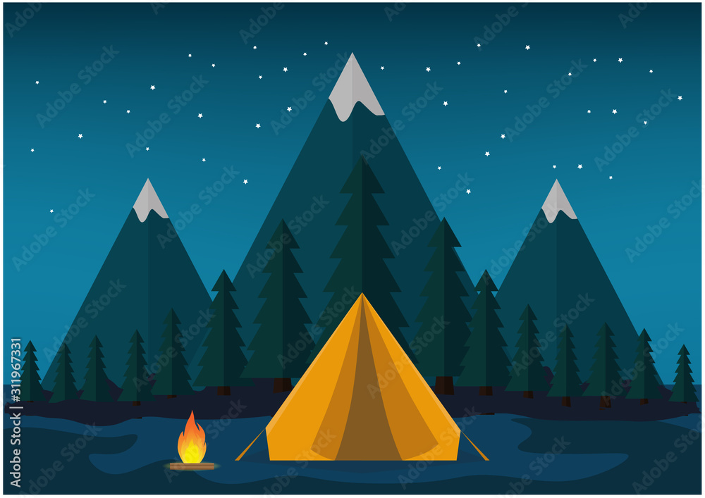 Flat design camping tent with mountain landscape at night Flat design camping tent with mountain landscape at night