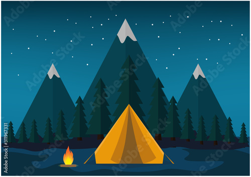 Flat design camping tent with mountain landscape at night © syafak