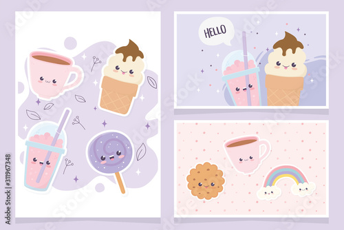 kawaii coffee cup ice cream lollipop cookie rainbow fast food cartoon cards