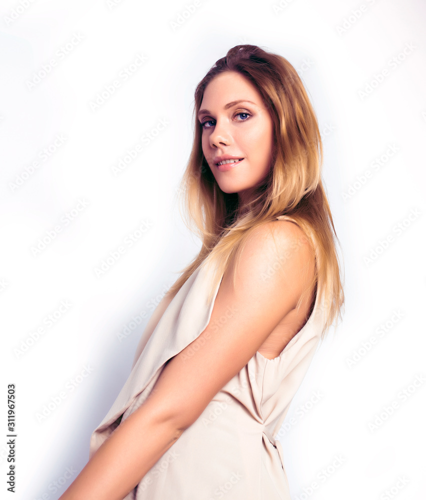 young pretty woman with blond hair on white background isolated, sensual makeup, fashion look, lifestyle people concept young pretty woman with blond hair on white background isolated, sensual makeup, fashion look, lifestyle people concept