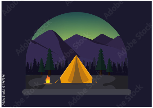 Flat design camping tent with mountain landscape at night
