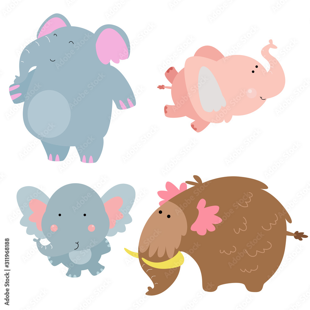 Obraz premium Elephant Cute Cartoon Character Animal Set Logo Vector Template Design Illustration