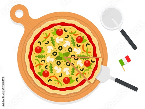 Italian pizza on a wooden board with utensils flat icon vector isolated