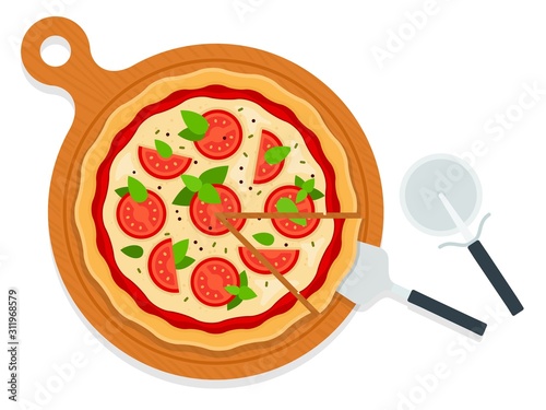 Pizza Margarita on a wooden board with utensils flat icon vector isolated