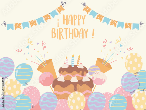 happy birthday cake with candles balloons candies confetti party decoration