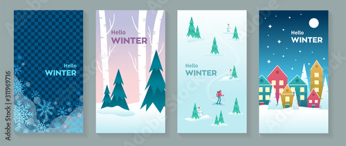 Set of Hello Winter vector postcards or background images oriented vertically, with snowy landscape, snowflakes, trees and cozy town in snowfall