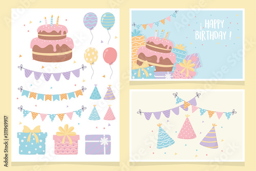 happy birthday cake gifts balloons pennants party decoration cards