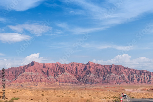 The red rock formations of mountain range of Danxia landform in Xinjiang of China