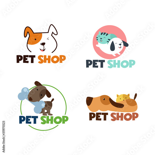 Pet shop Logo Cartoon Animals Dog Cat Vector Template Design Illustration Icon Set