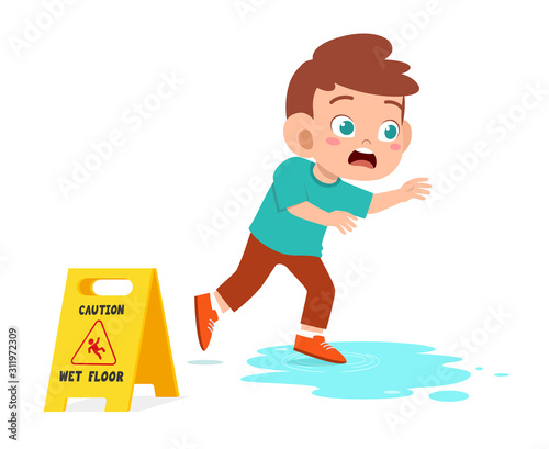 shock cute kid boy trip over wet floor