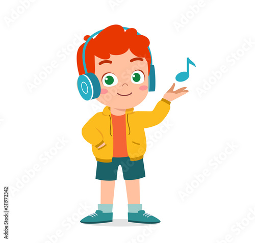 happy cute kid boy listen to music
