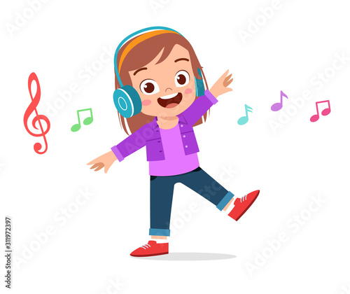 happy cute kid girl listen to music