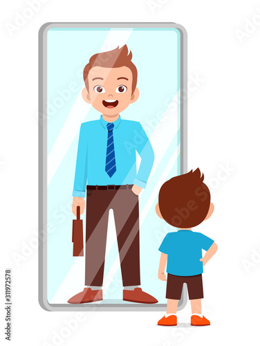 happy cute kid boy stand in front of mirror